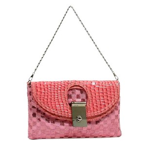 Evening Bag - 12 PCS - Sequined Checker w/ Croc Embossed Dual Flap - Pink - BG-CE9913PK